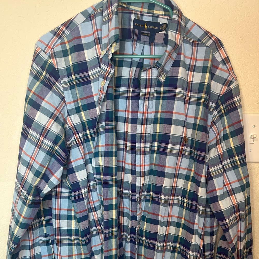 Ralph Lauren Light Blue, Navy & Orange Plaid Shirt